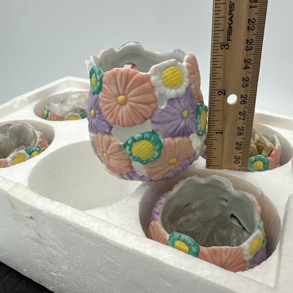 Spring Porcelain Tea Light Votive Candle Holders Set Of 6 Floral Purple Orange - Picture 3 of 3